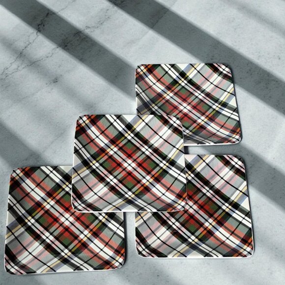 Set Of 4 Pottery Barn Denver Red Plaid Appetizer Plates Square 5.75” Stoneware - Picture 1 of 14